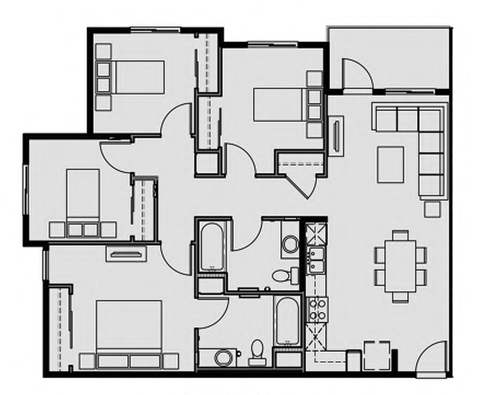 Floor plan for 4 beds, 2 baths, 1245 sqft